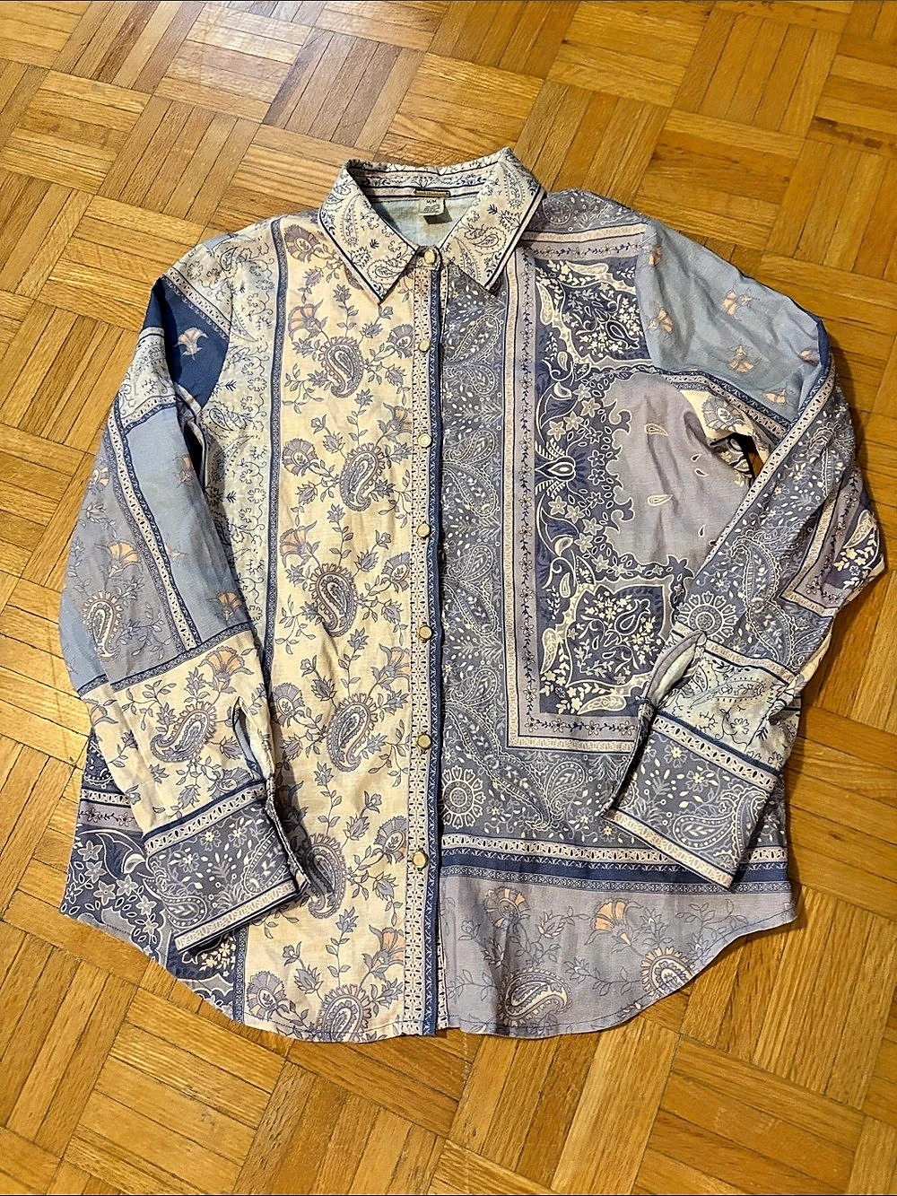 Maga Schoni Paisley Linen Blend Shirt in Blue & Cream Size Medium
